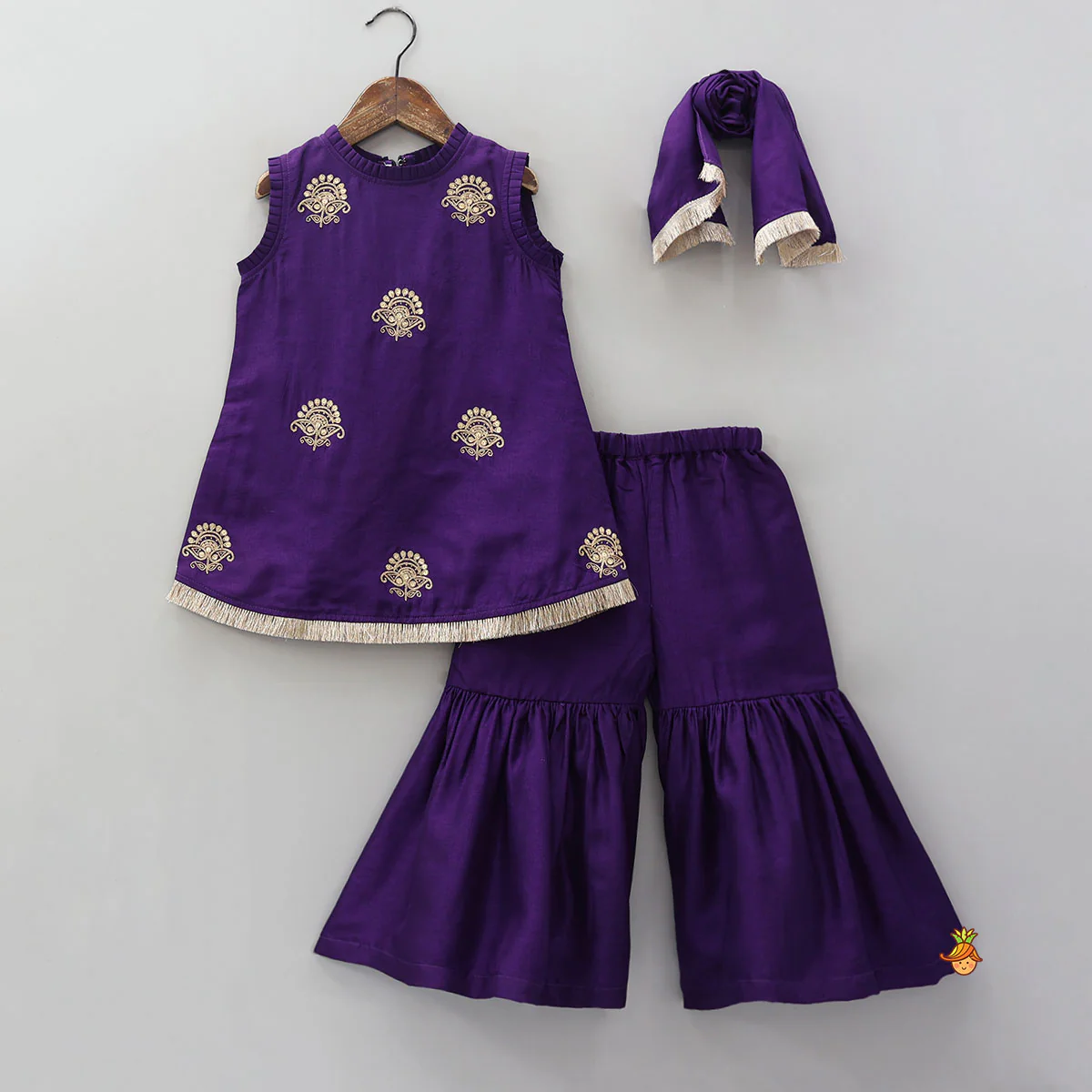 Sequin Embroidered Pleat Detailed Kurti With Sharara And Dupatta