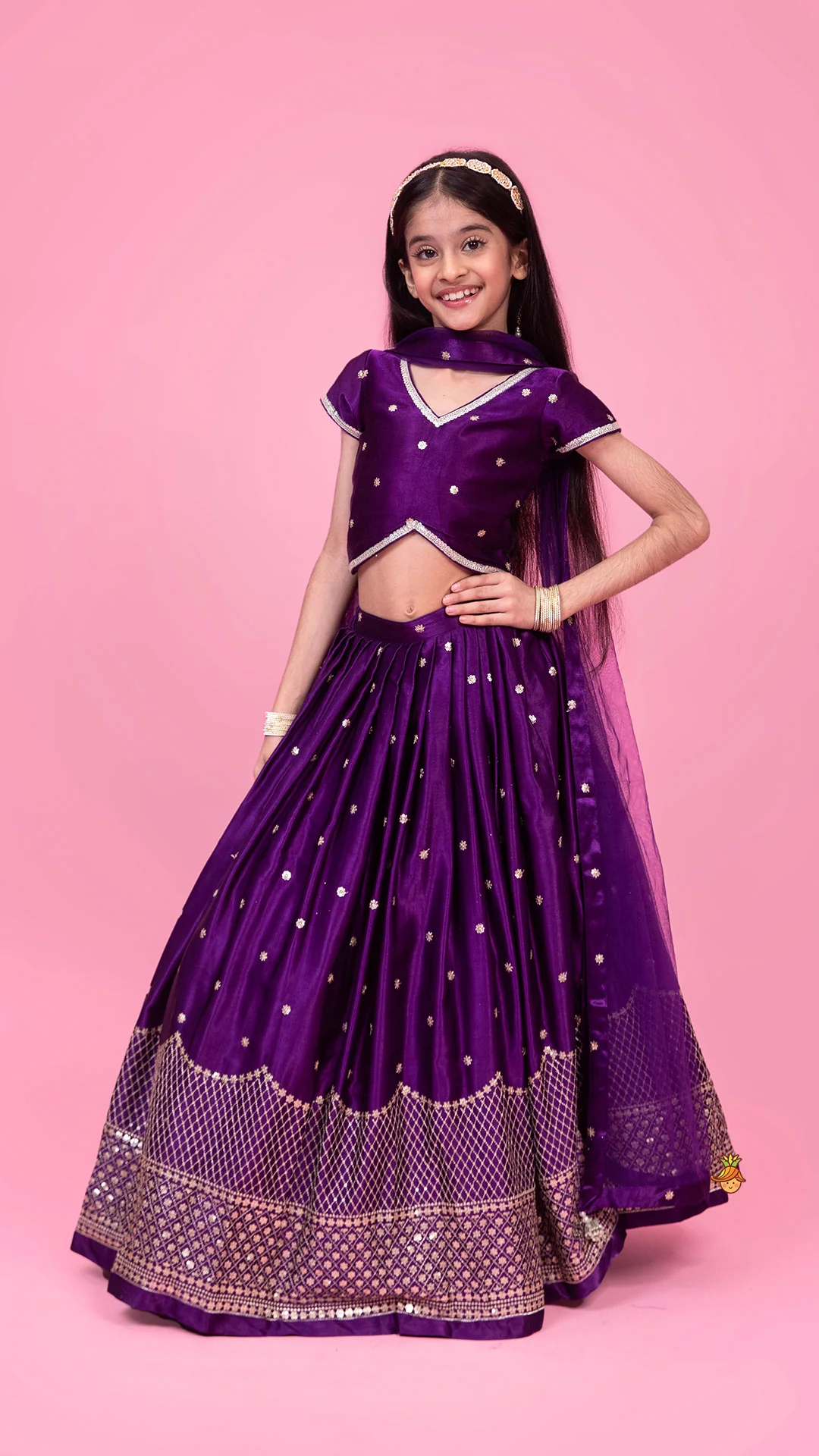 Sequin Embroidered Purple Top And Lehenga With Matching Net Dupatta - Image 2