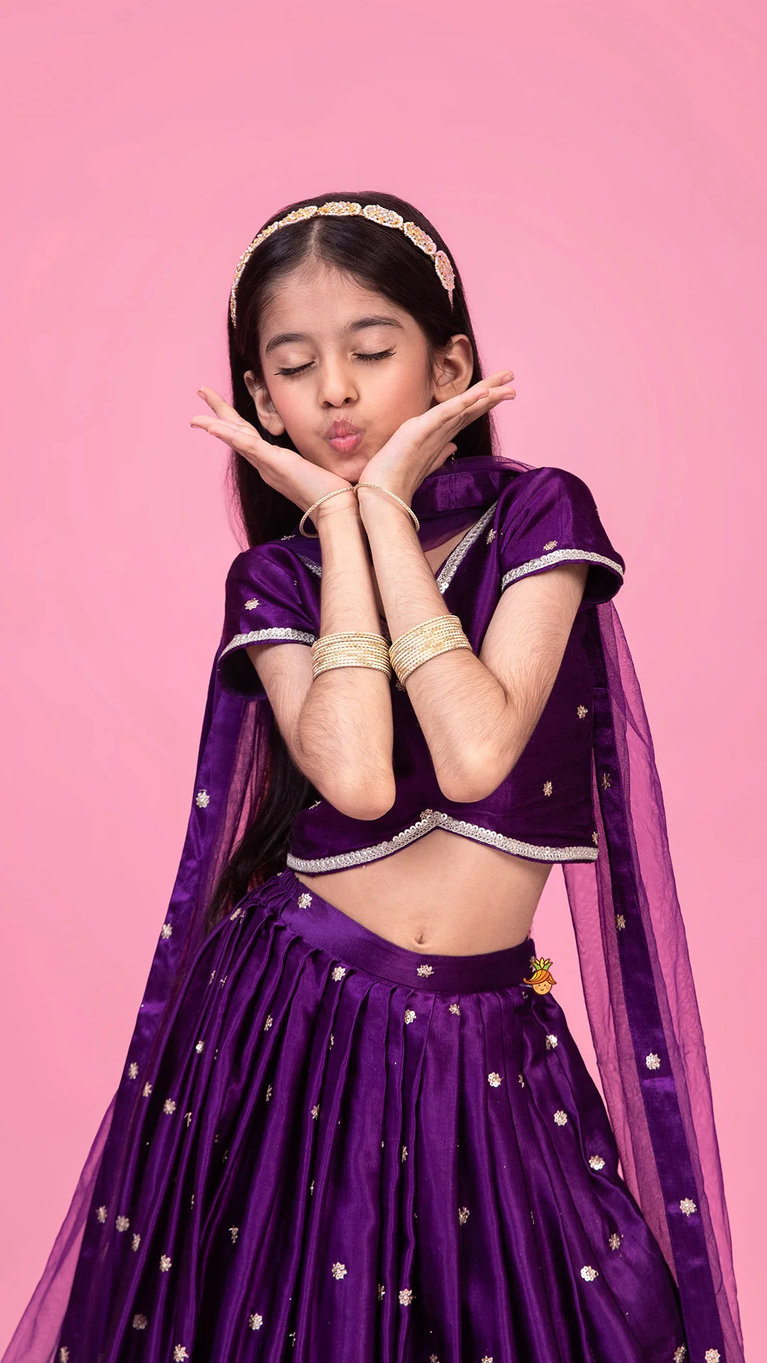 Sequin Embroidered Purple Top And Lehenga With Matching Net Dupatta - Image 4