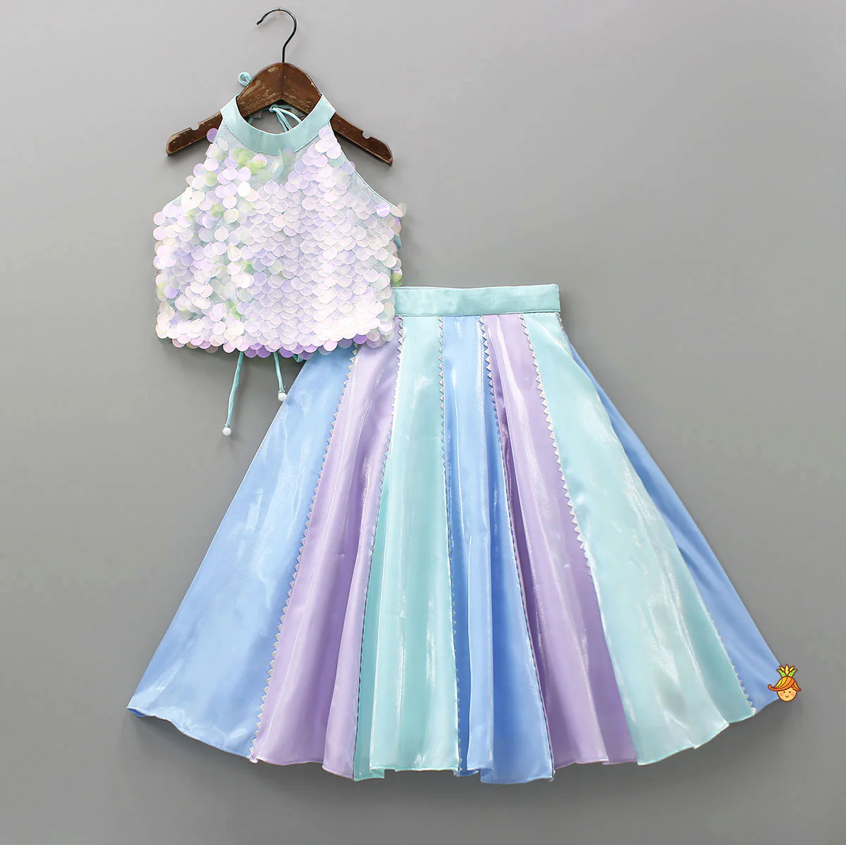 Sequined Halter Neck Top And Multicolour Shiny Lehenga With Net Dupatta - Image 3