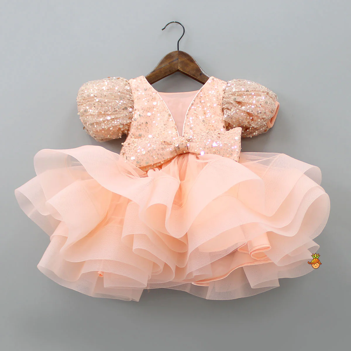 Sequined Peach Puff Sleeves Ruffle Dress With Bowie Head Band - Image 3
