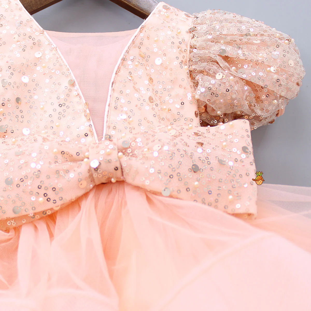 Sequined Peach Puff Sleeves Ruffle Dress With Bowie Head Band - Image 4