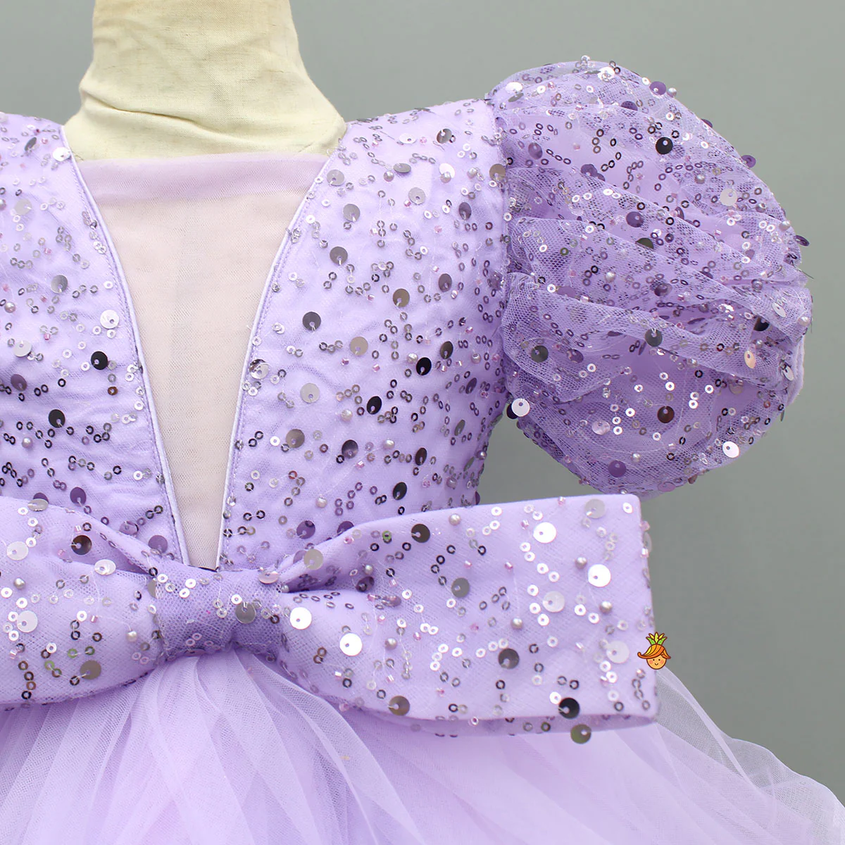 Sequined Ruffled Lavender Dress With Bows And Matching Swirled Bow Hairclip - Image 4