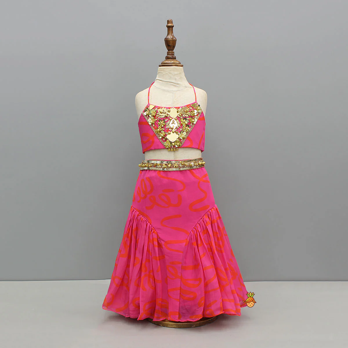 Sequins Embroidered Yoke Top With Printed Lehenga
