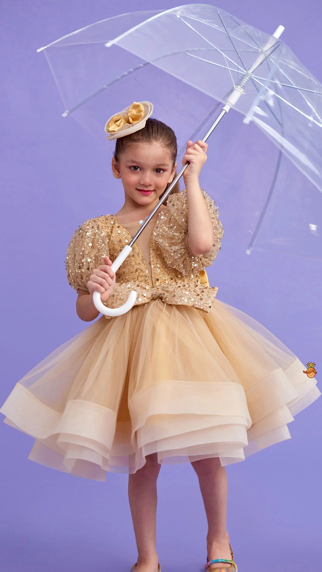 Sequins Enhanced Puff Sleeves Ruffle Dress With Bowie Head Band - Image 3