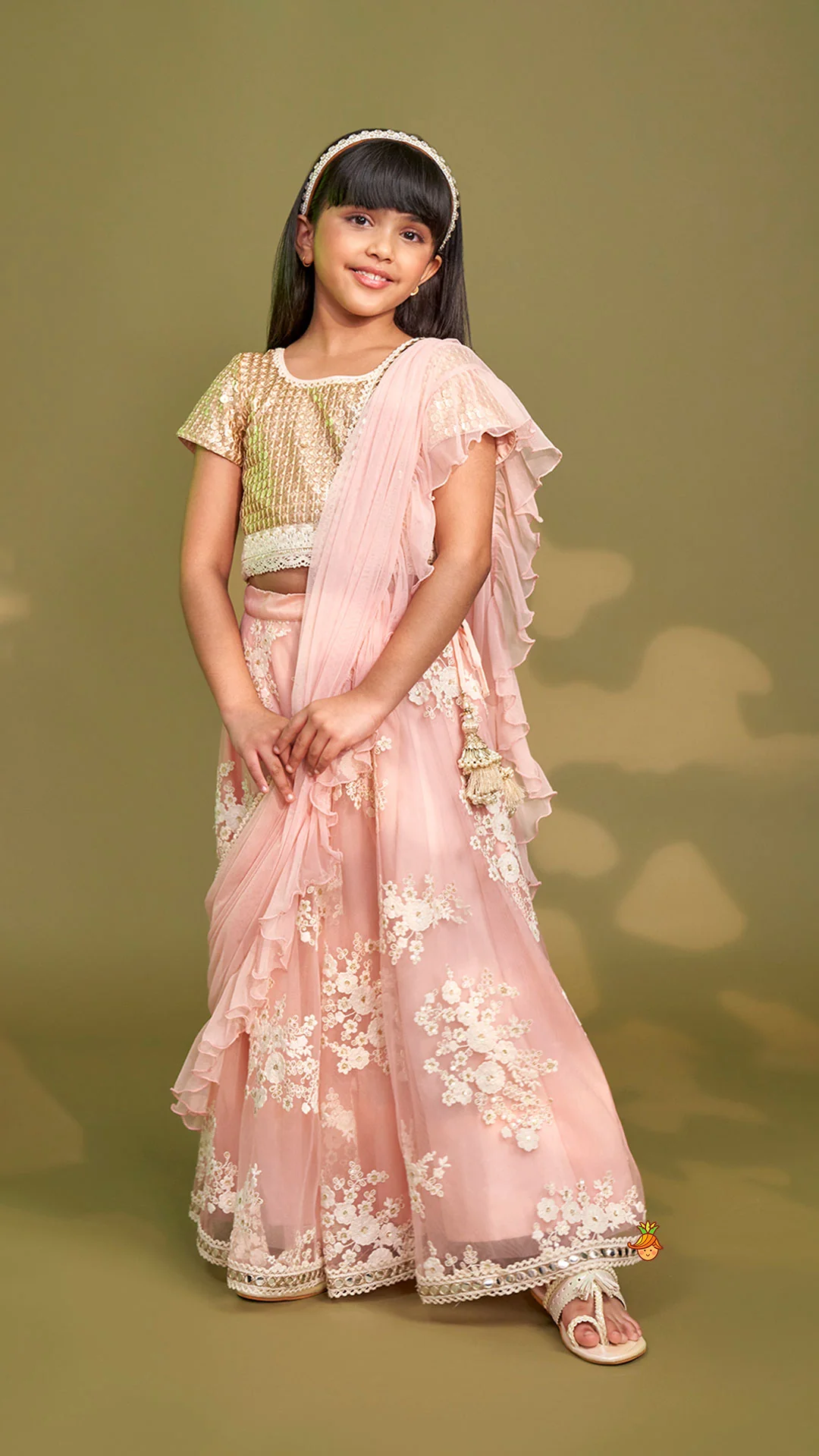 Sequins Work Top With Embroidered Lehenga And Attached Dupatta - Image 3