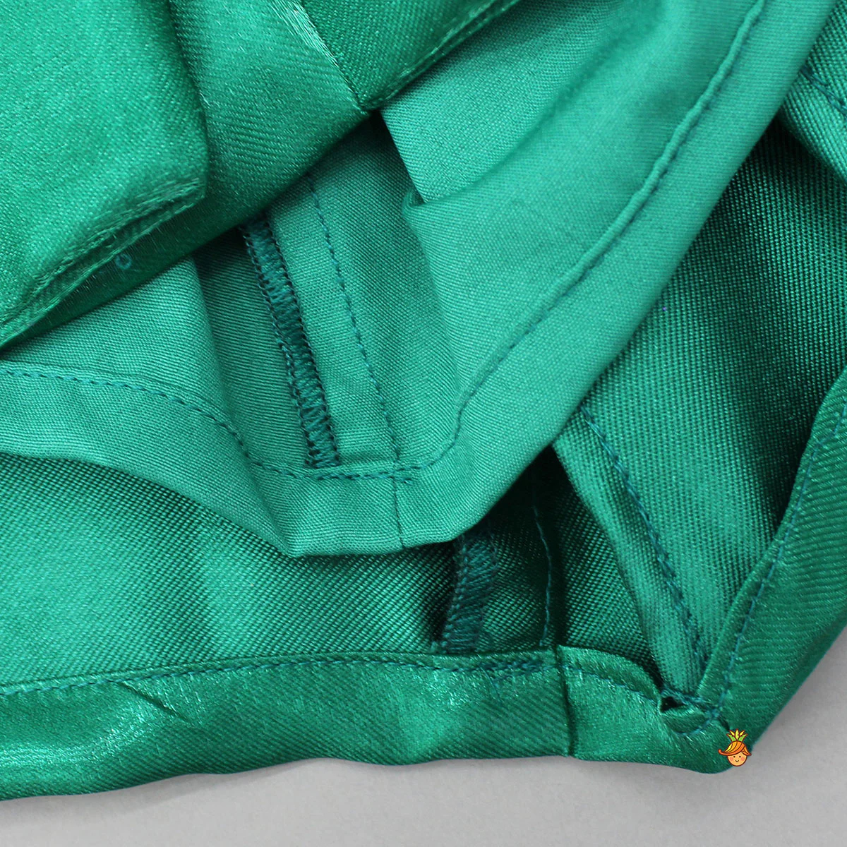 Sheen Green Satin Pleated Dress With Red Floral Tie-Up Detail - Image 4