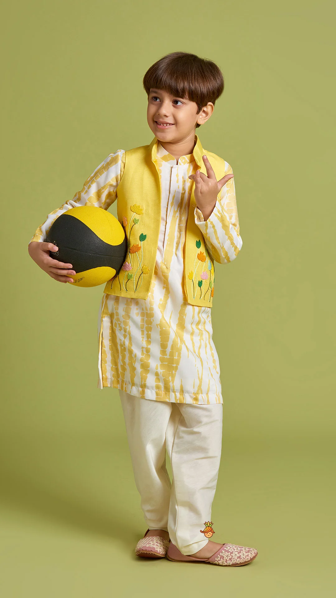 Shibori Printed Kurta With Beads Embroidered Yellow Open Jacket And Churidar - Image 2