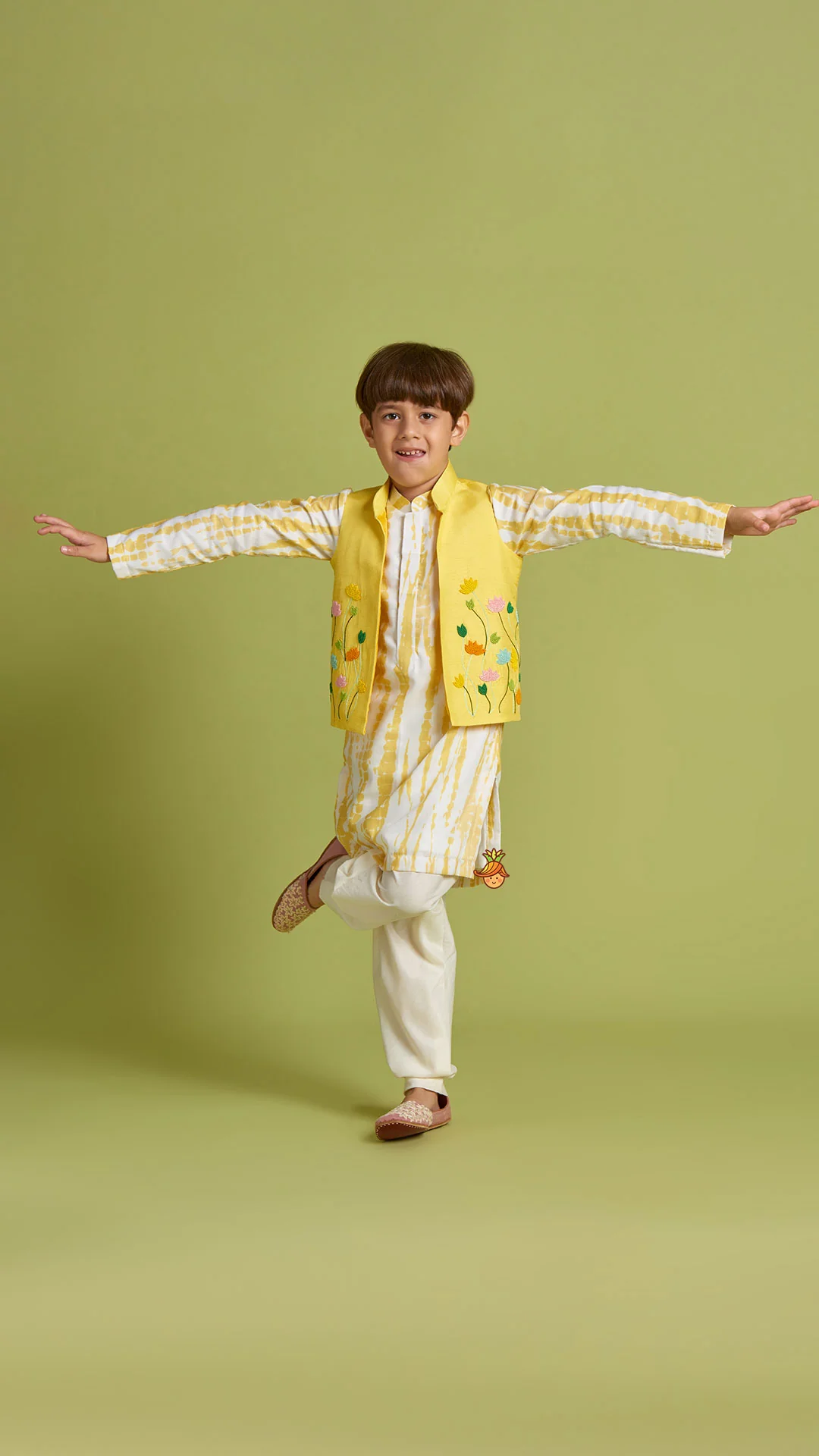 Shibori Printed Kurta With Beads Embroidered Yellow Open Jacket And Churidar - Image 3