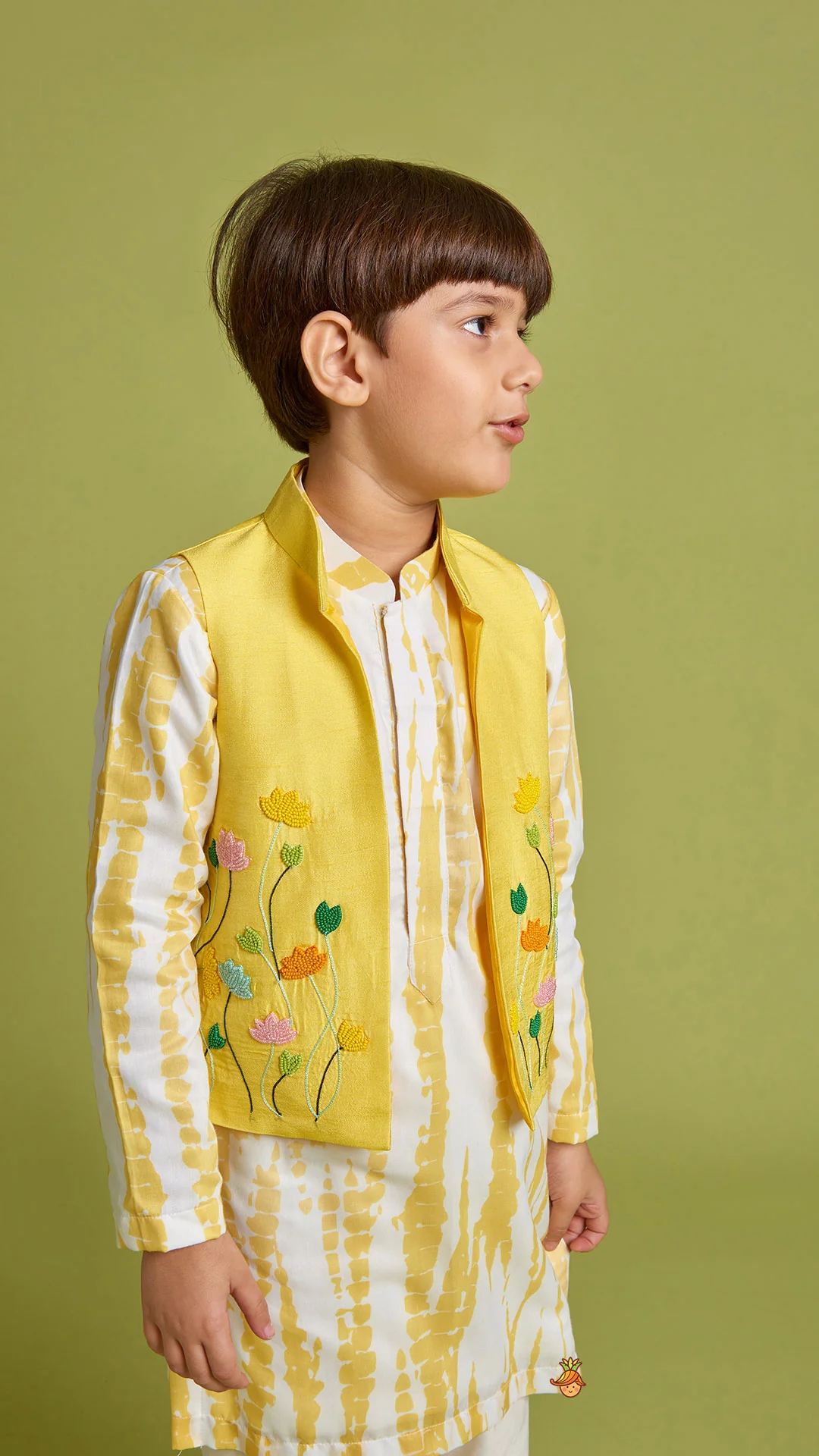 Shibori Printed Kurta With Beads Embroidered Yellow Open Jacket And Churidar - Image 5