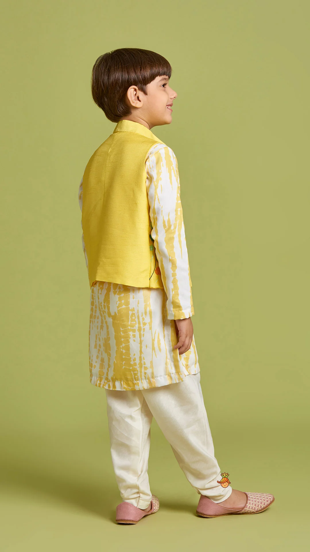 Shibori Printed Kurta With Beads Embroidered Yellow Open Jacket And Churidar - Image 7