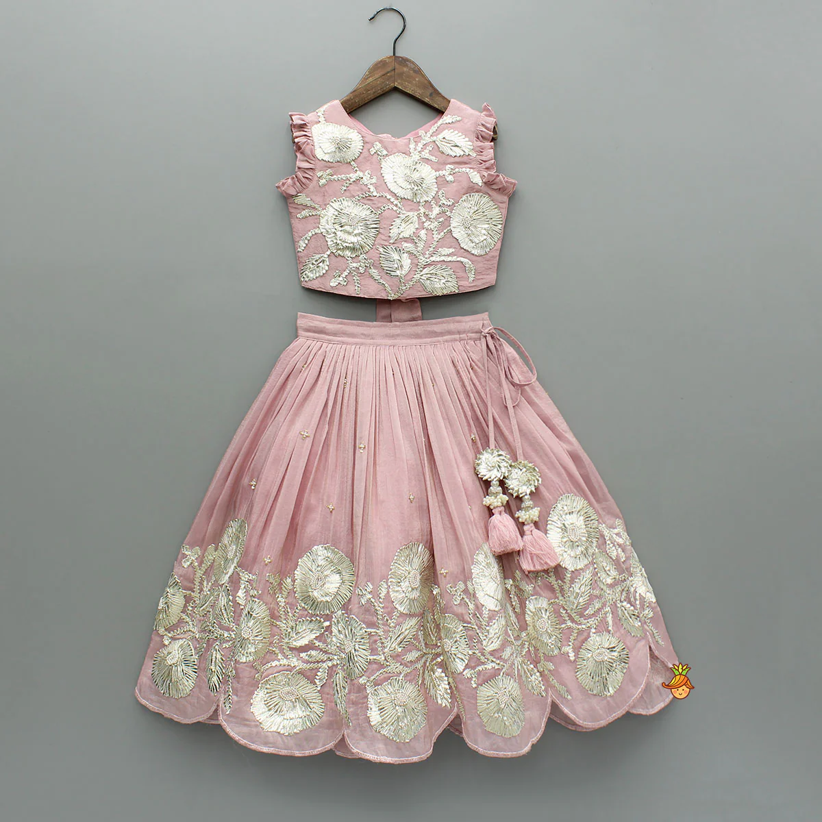 Shimmery Pink Hand Embroidered Gota Laced Top With Flared Shimmery Lehenga