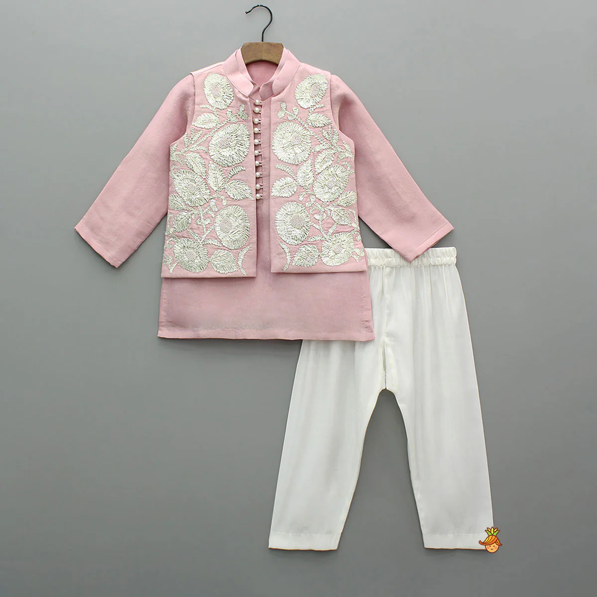Shimmery Kurta With Shimmery Front Open Hand Embroidered Jacket And Pyjama