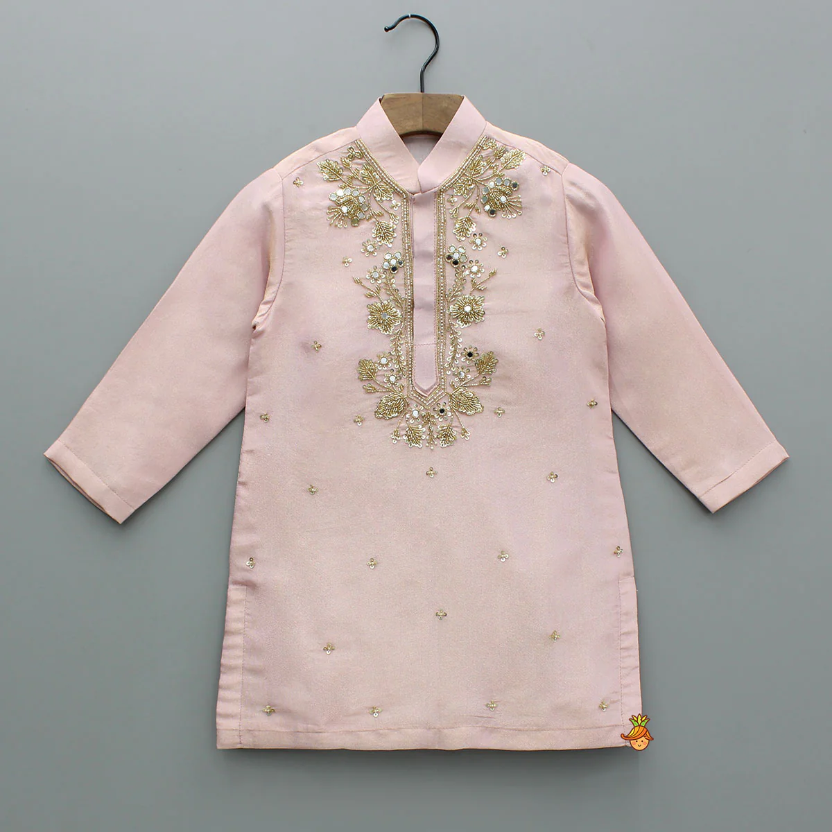 Shimmery Pink Mirror Embroidered Silk Kurta With Churidar - Image 3