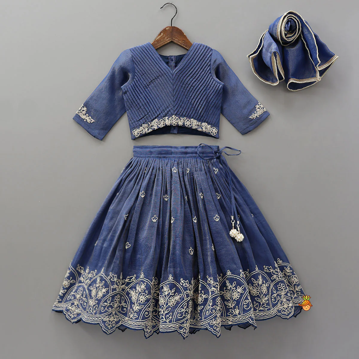Shimmery Pleated Top And Lehenga With Matching Dupatta