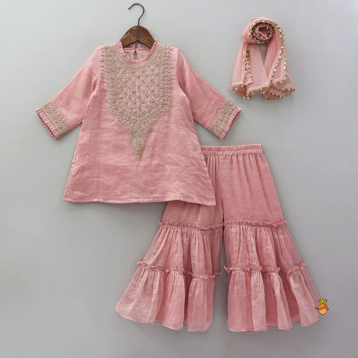 Shimmery Striped Kurti And Sharara With Matching Net Dupatta