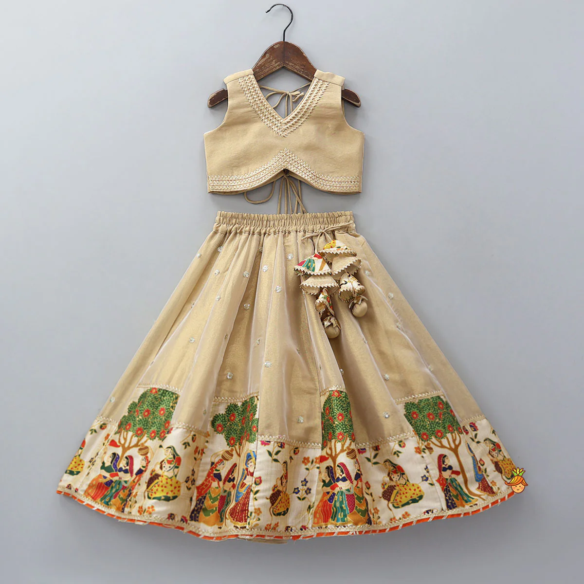 Shimmery V-Neck Crop Top With Printed Lehenga And Matching Dupatta - Image 3
