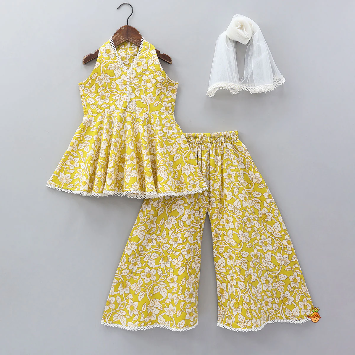 Sleeveless Printed Cotton Kurti And Flared Palazzo With Net Dupatta