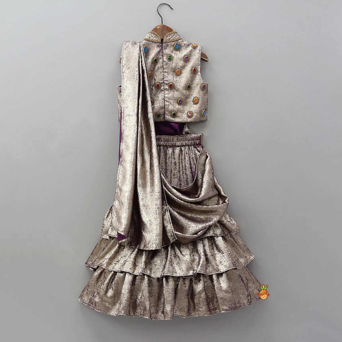 Sleeveless Shiny Top With Layered Lehenga And Attached Dupatta - Image 2