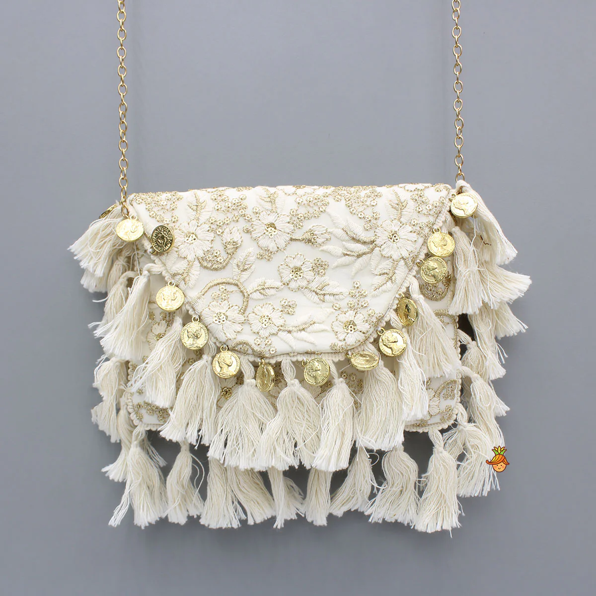 Sling Bag With Zari And Thread Floral Embroidery And Fringe Detailing - Image 3