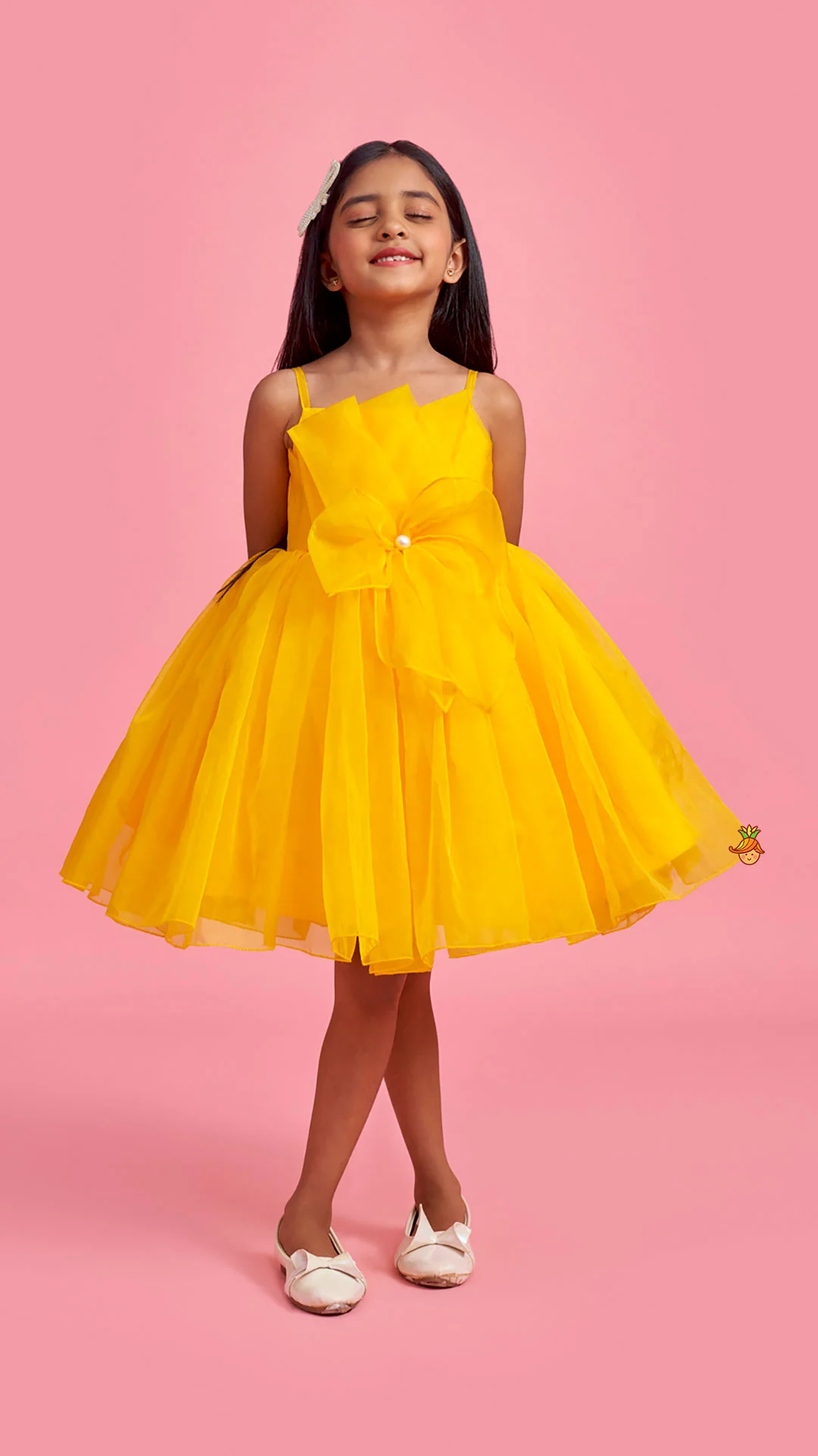 Spaghetti Straps Sleeveless Organza Yellow Dress - Image 3
