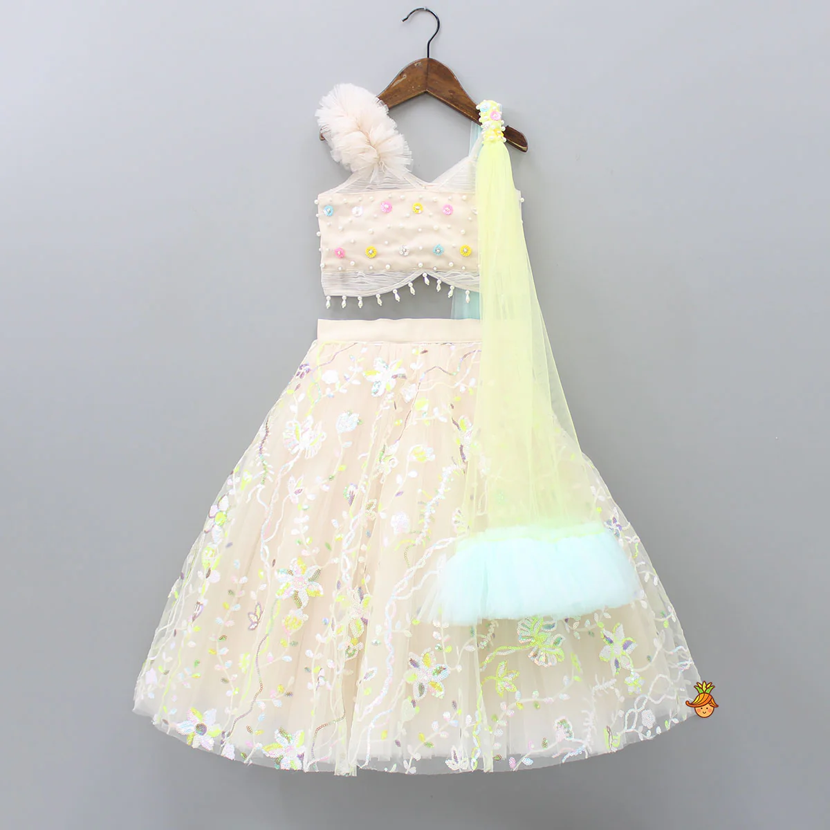 Spaghetti Straps Top And Net Embroidered Lehenga With Dual Tone Stylish Dupatta