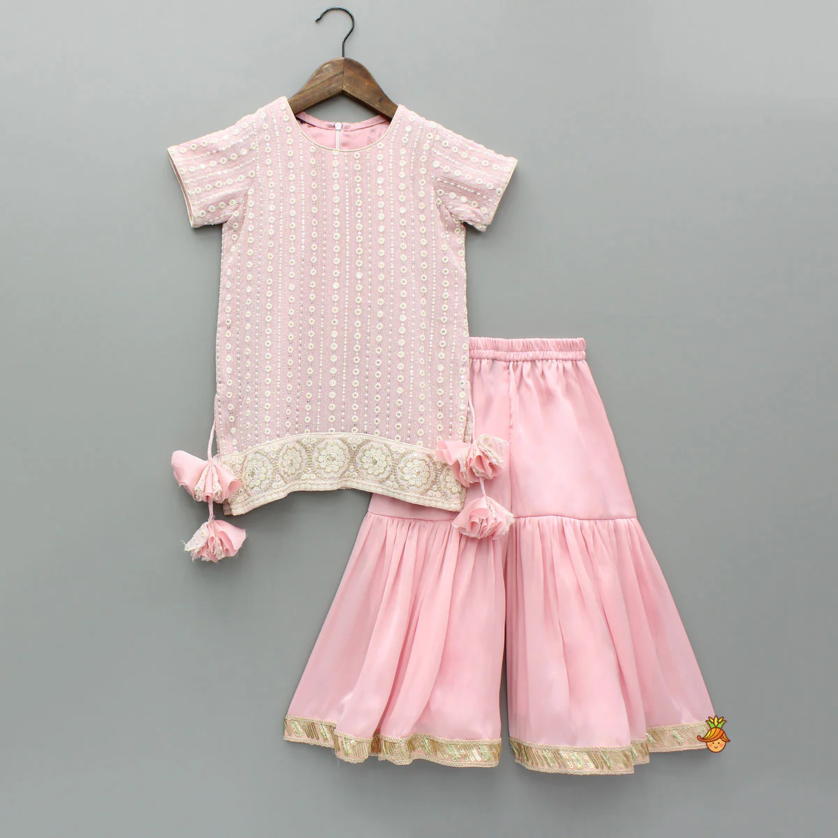 Splendid Embroidered Georgette Pink Kurti With Sharara And Dupatta - Image 3