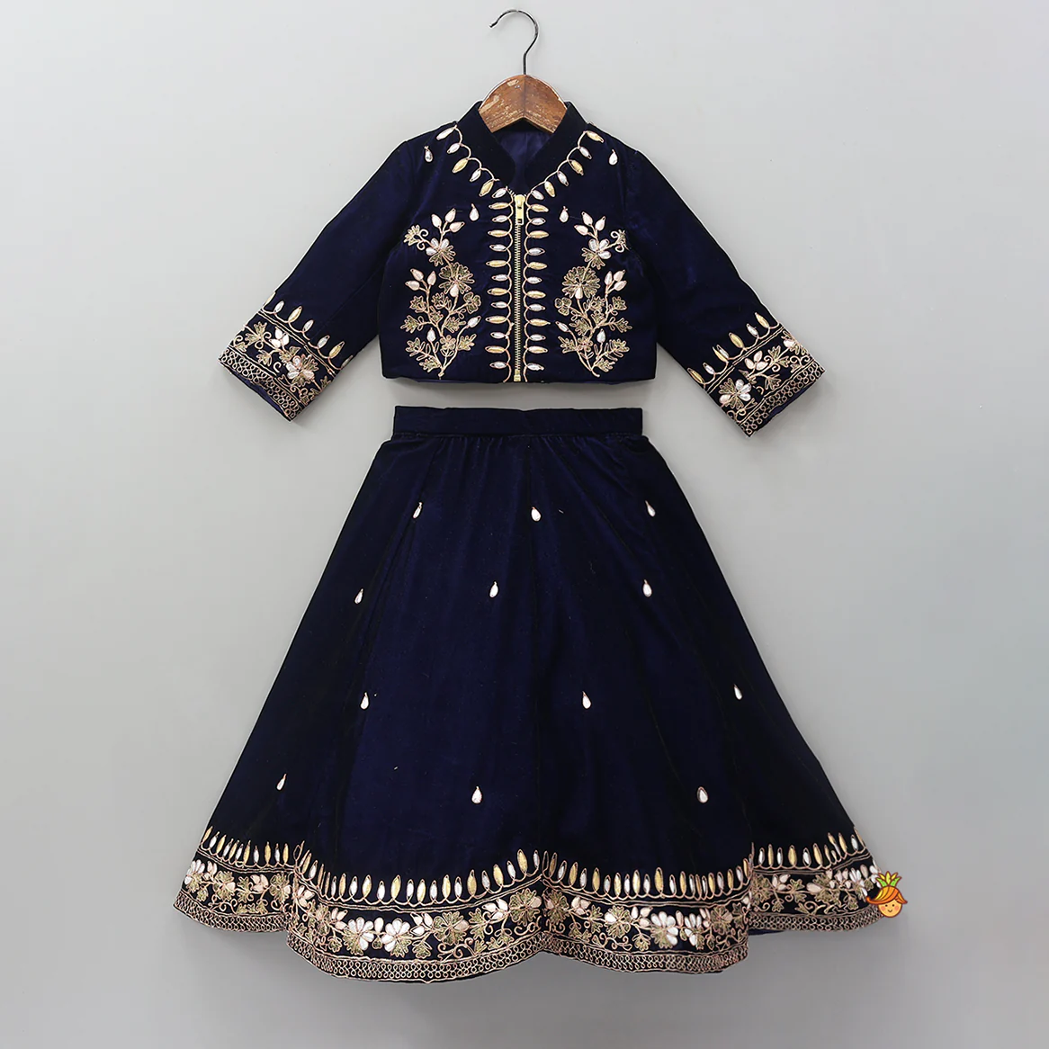 Stand Collar Velvet Charming Top And Lehenga