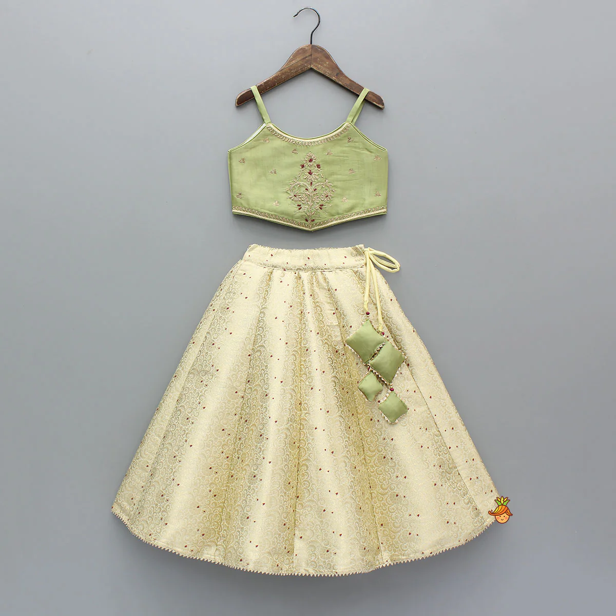 Strappy Green Embroidered Yoke Top And Brocade Lehenga