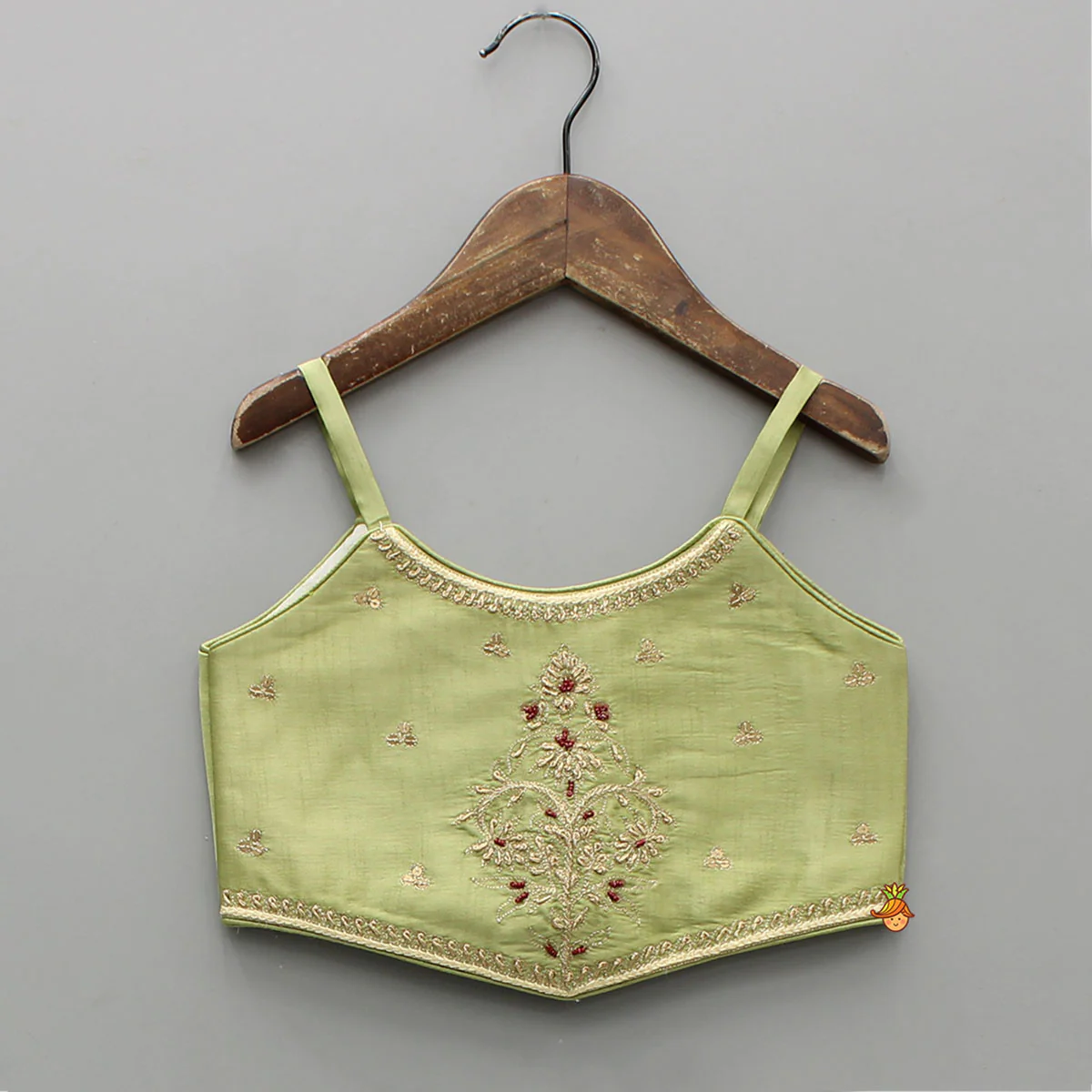 Strappy Green Embroidered Yoke Top And Brocade Lehenga - Image 3
