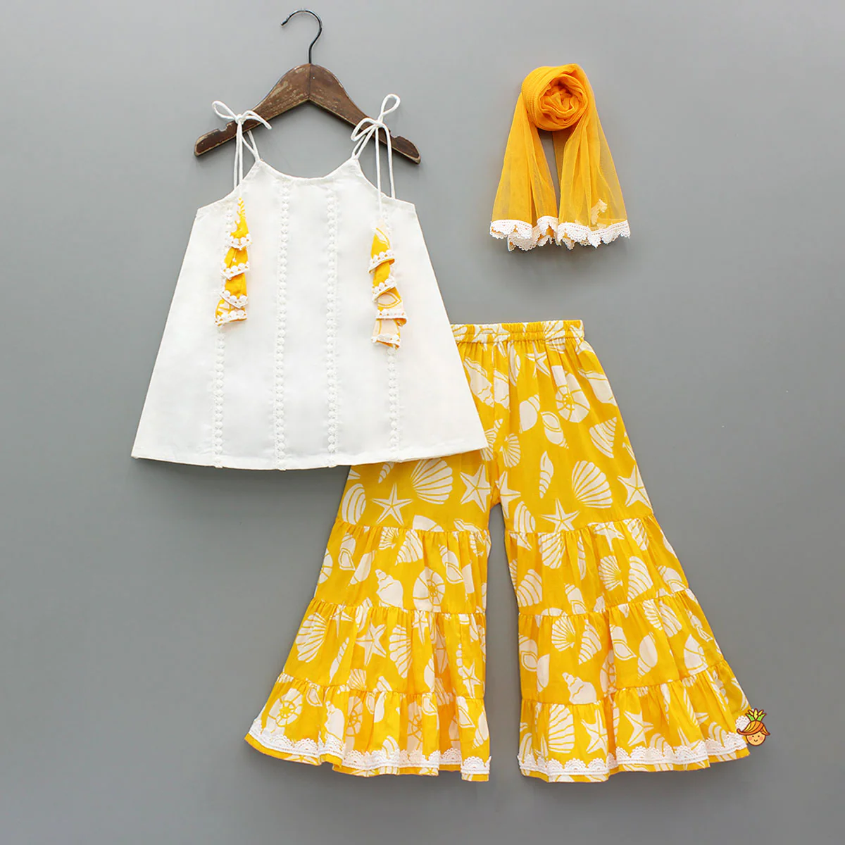 Strappy Kurti With Printed Sharara And Dupatta