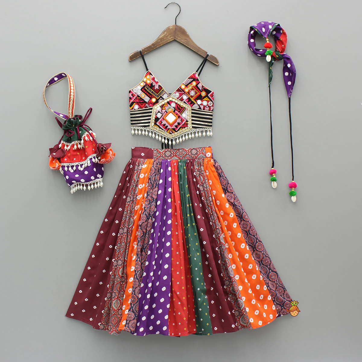 Strappy Mirror Embroidered Multicolour Top With Lehenga And Bandana With Potli Bag