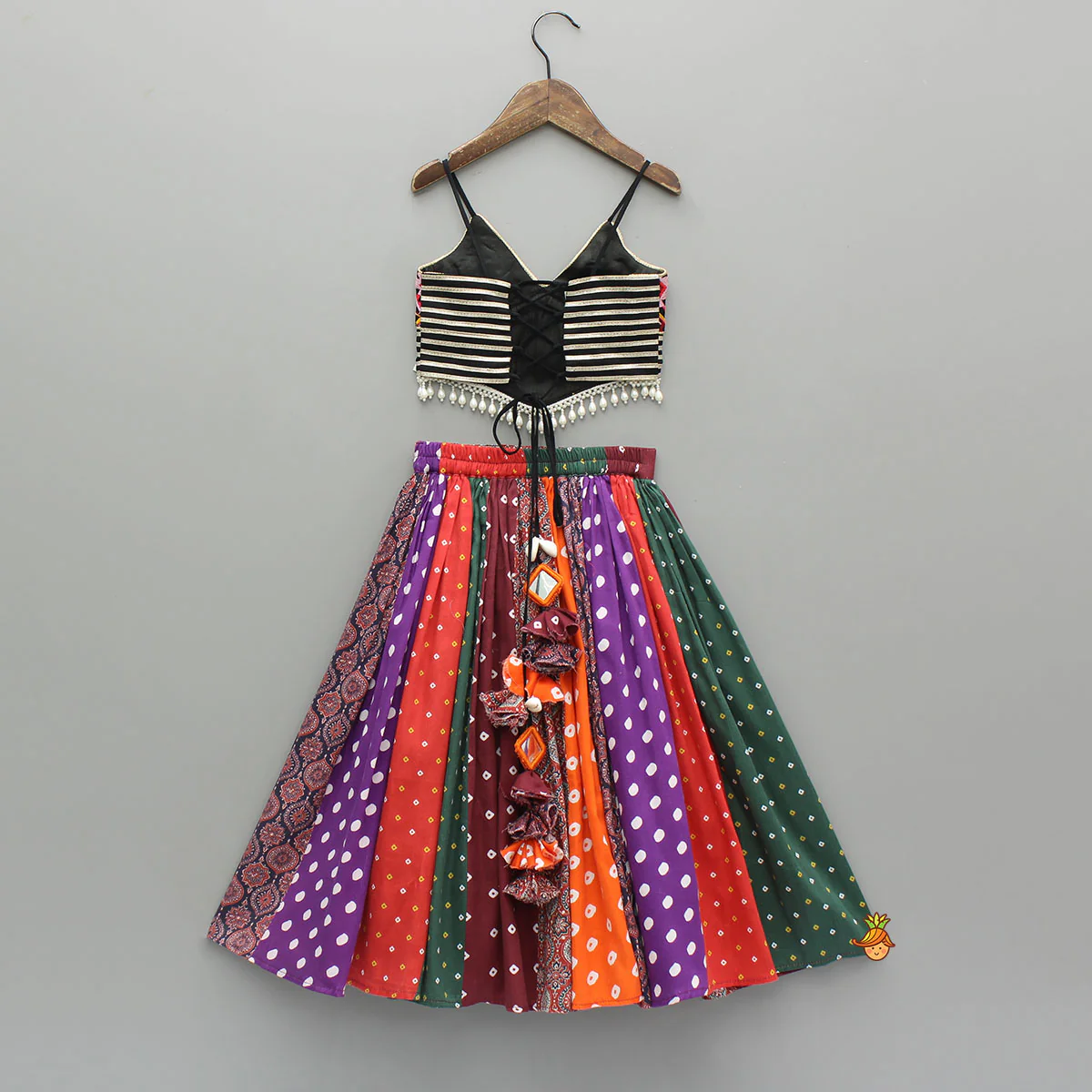 Strappy Mirror Embroidered Multicolour Top With Lehenga And Bandana With Potli Bag - Image 2