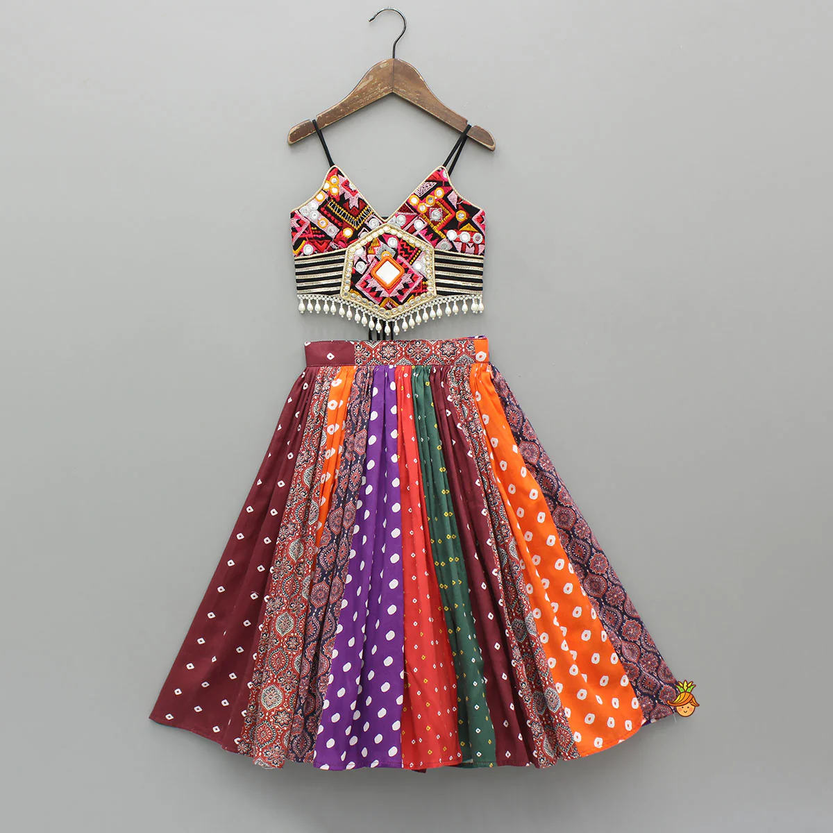 Strappy Mirror Embroidered Multicolour Top With Lehenga And Bandana With Potli Bag - Image 3