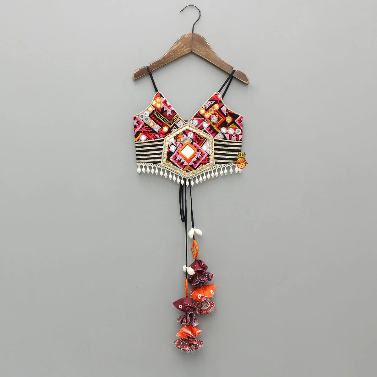 Strappy Mirror Embroidered Multicolour Top With Lehenga And Bandana With Potli Bag - Image 4