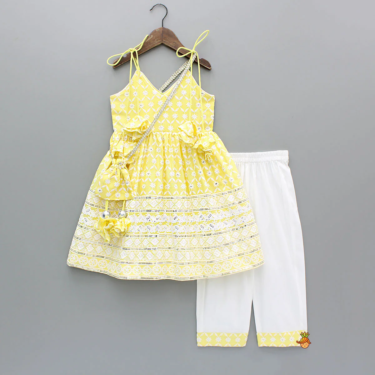 Strappy V Neck Embroidered Yellow Kurti And Pant With Sling Bag