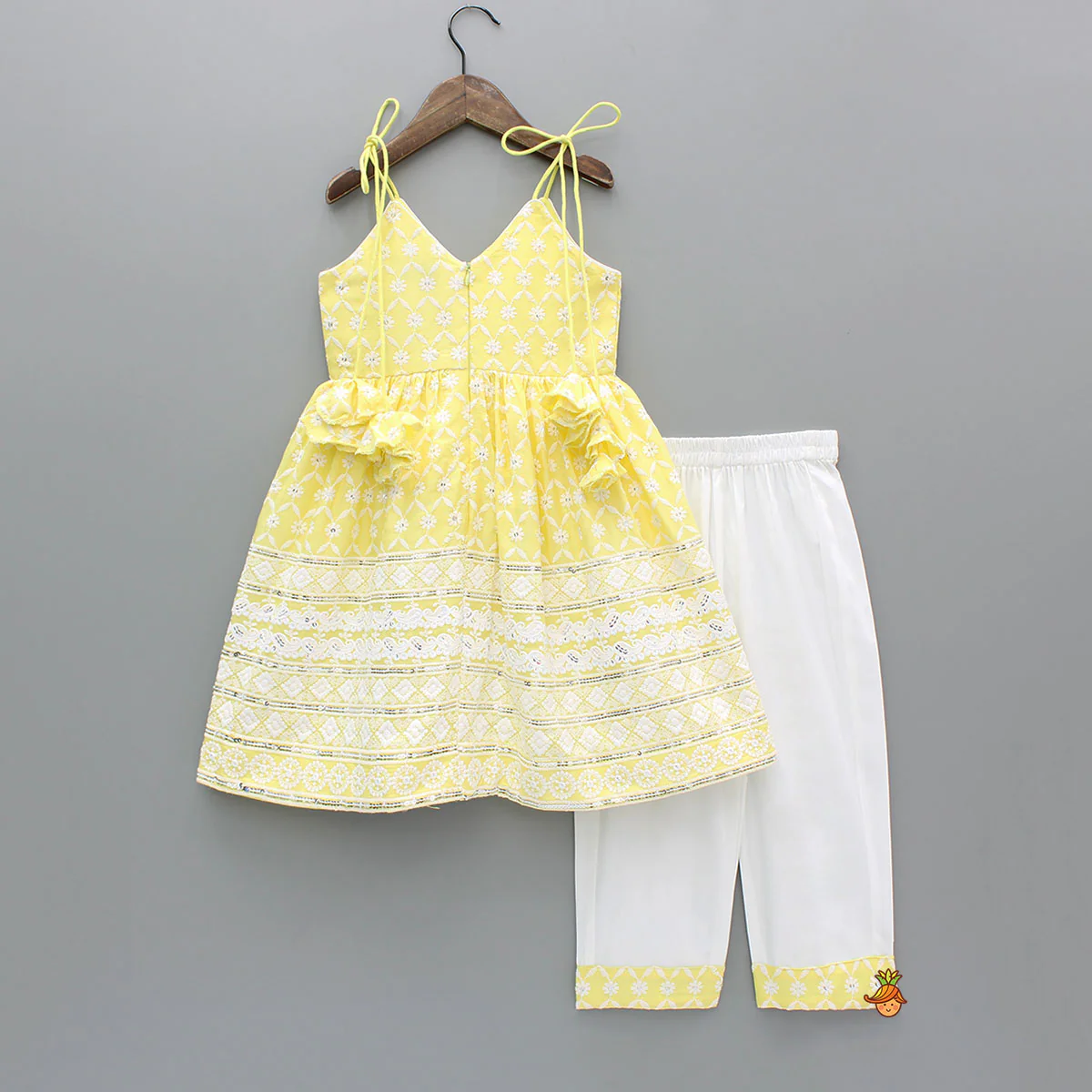Strappy V Neck Embroidered Yellow Kurti And Pant With Sling Bag - Image 2
