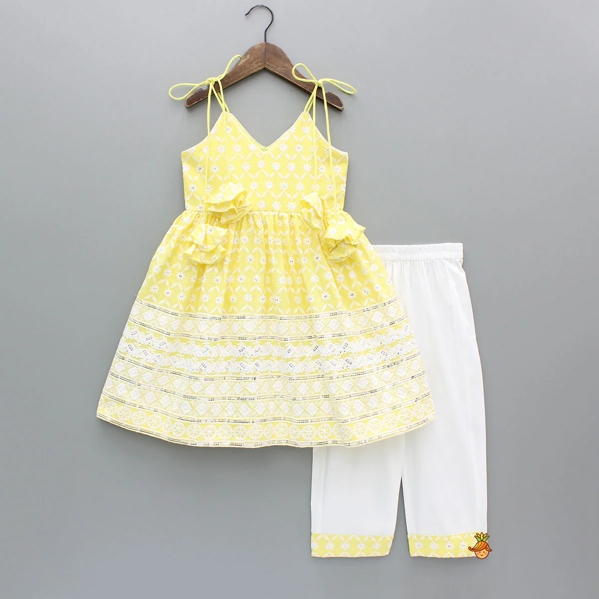 Strappy V Neck Embroidered Yellow Kurti And Pant With Sling Bag - Image 3
