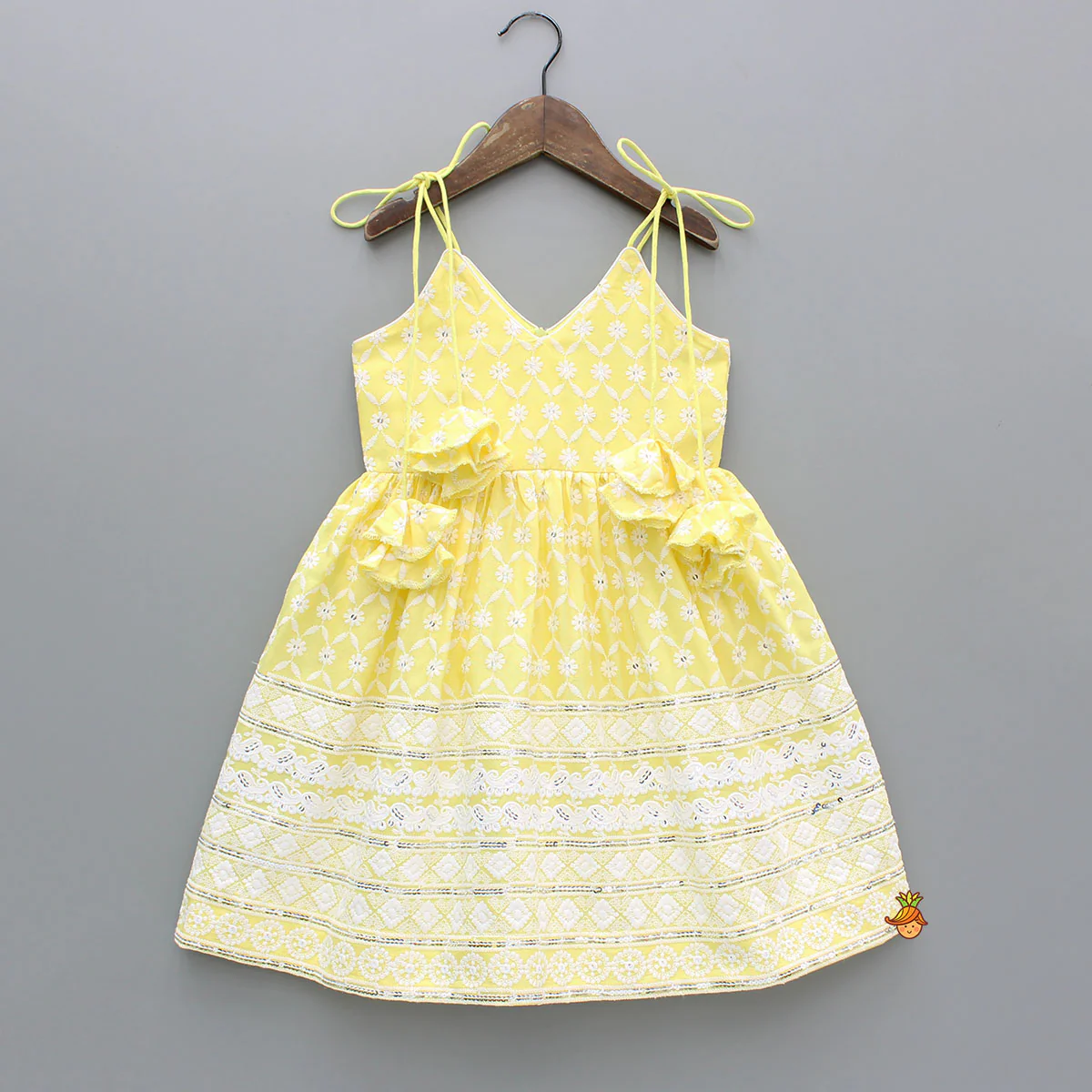 Strappy V Neck Embroidered Yellow Kurti And Pant With Sling Bag - Image 4