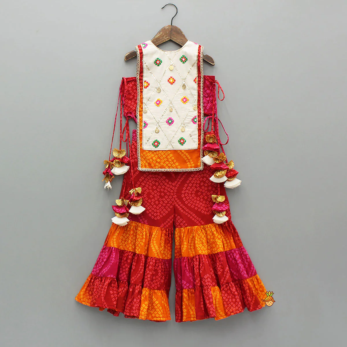 Stunning Bandhani Printed Embellished Top With Sharara And Dupatta - Image 3