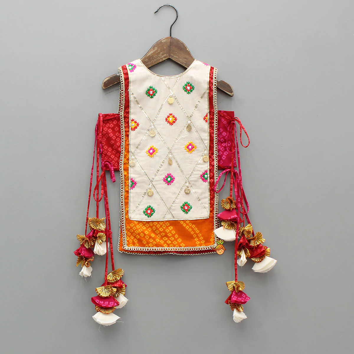 Stunning Bandhani Printed Embellished Top With Sharara And Dupatta - Image 4
