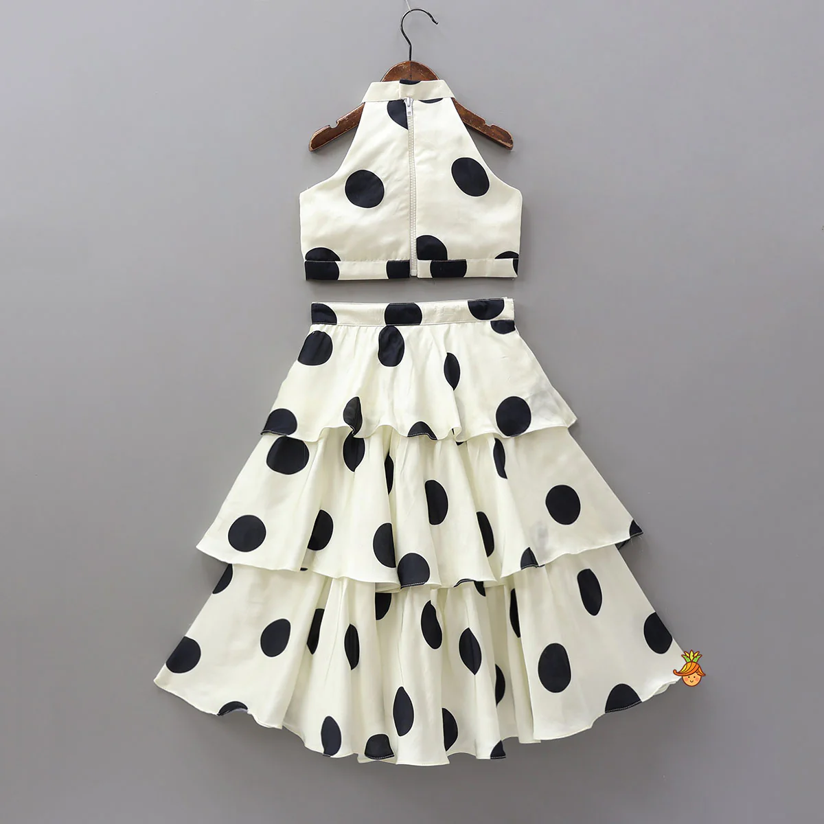 Stunning Halter Neck Polka Dot Printed Top With Matching Layered Skirt - Image 2