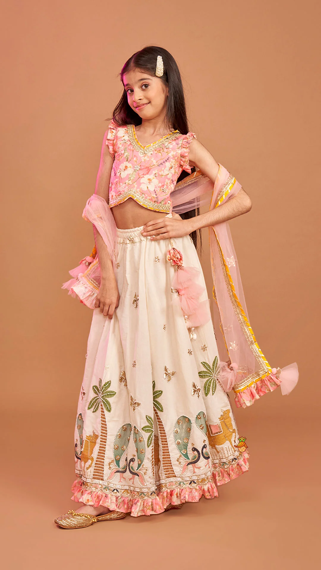Stunning Pink Floral Printed Top With Embroidered Lehenga And Dupatta - Image 3