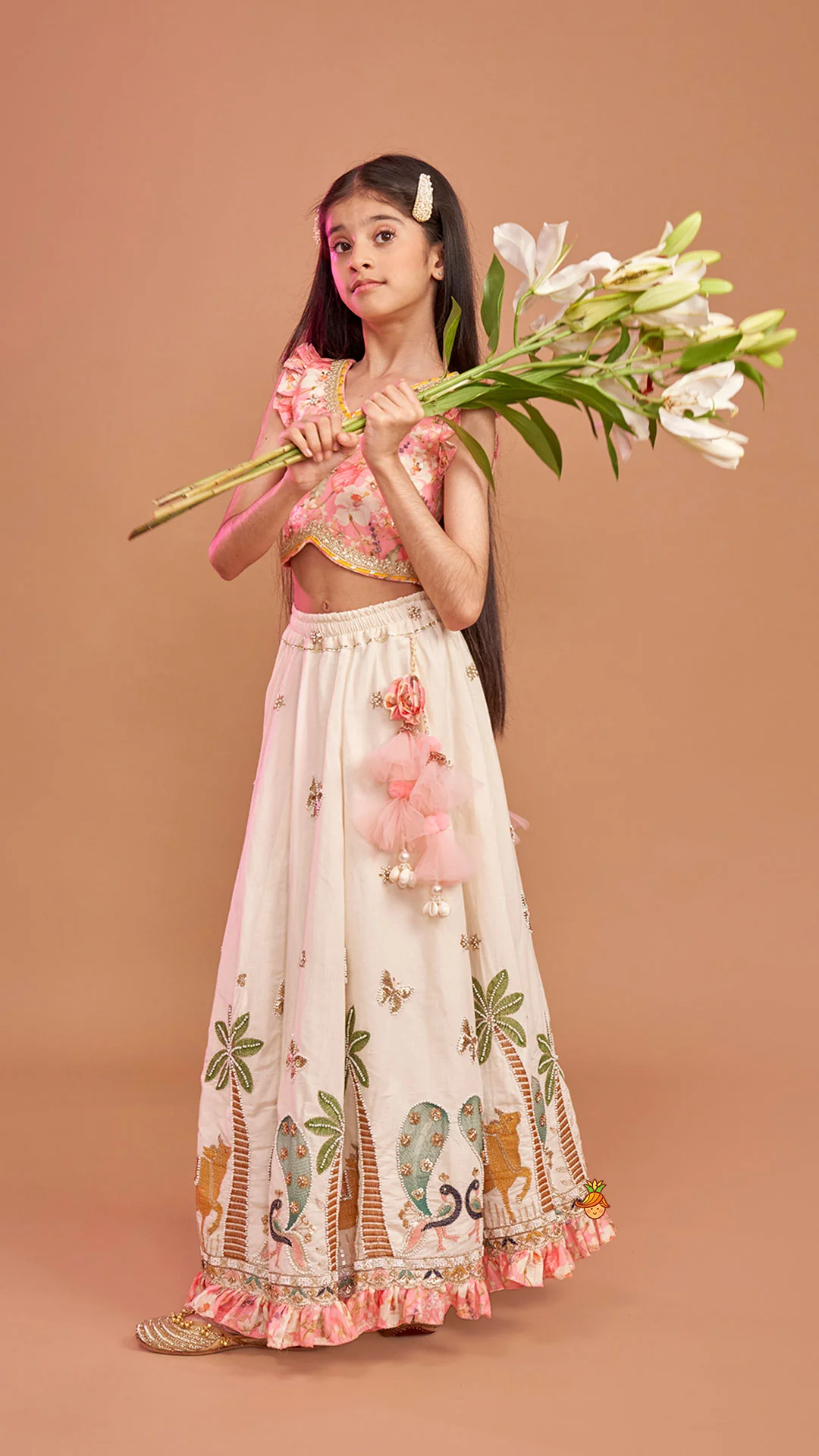 Stunning Pink Floral Printed Top With Embroidered Lehenga And Dupatta - Image 4