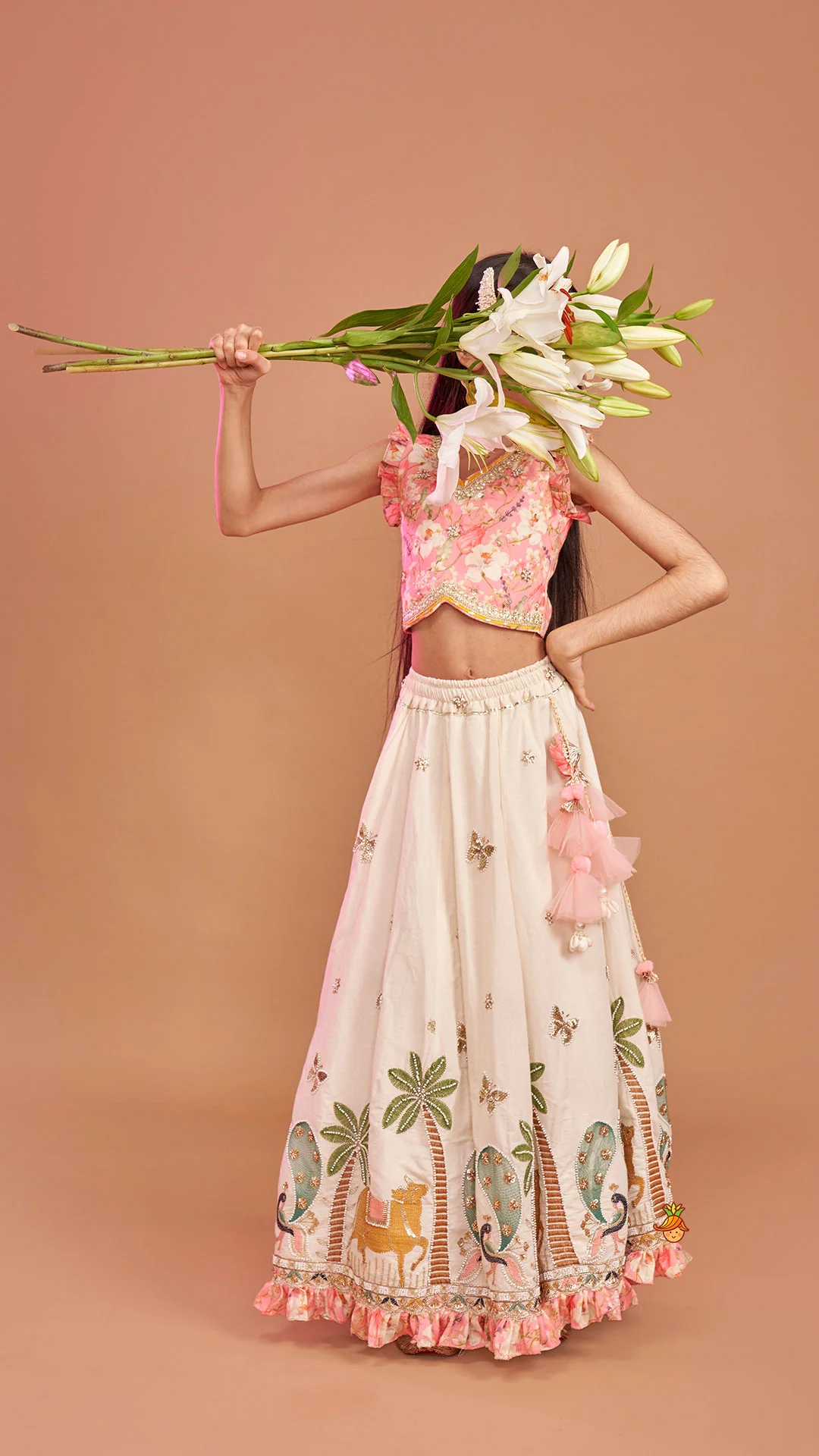 Stunning Pink Floral Printed Top With Embroidered Lehenga And Dupatta - Image 5