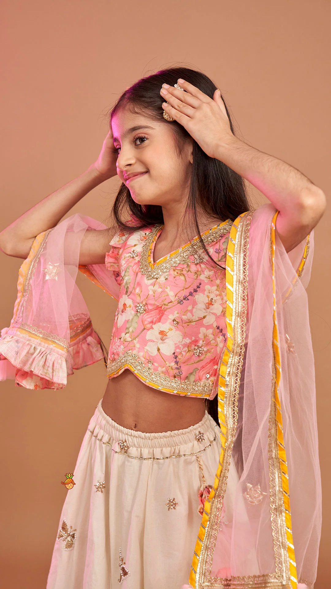 Stunning Pink Floral Printed Top With Embroidered Lehenga And Dupatta - Image 6