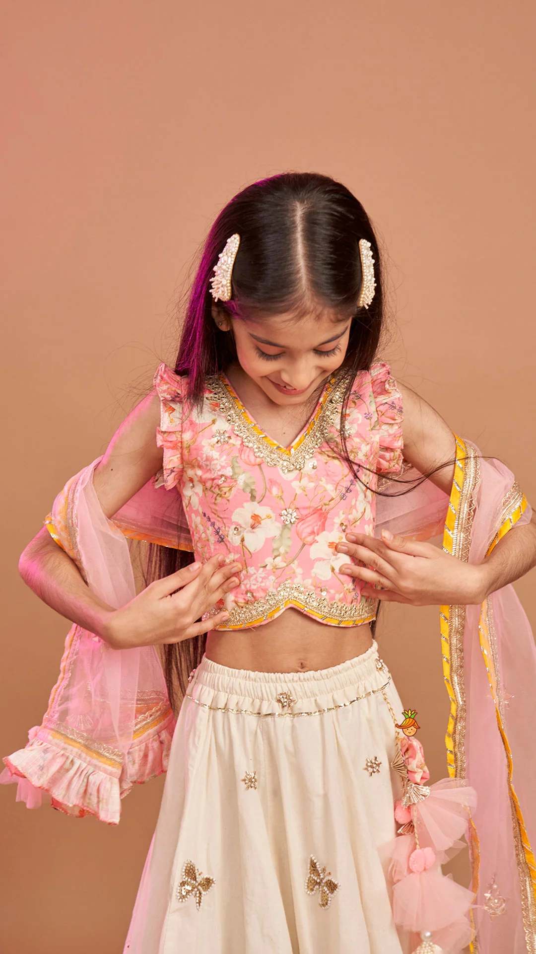 Stunning Pink Floral Printed Top With Embroidered Lehenga And Dupatta - Image 7