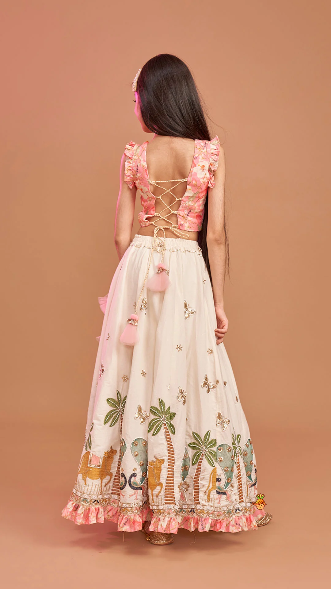 Stunning Pink Floral Printed Top With Embroidered Lehenga And Dupatta - Image 8