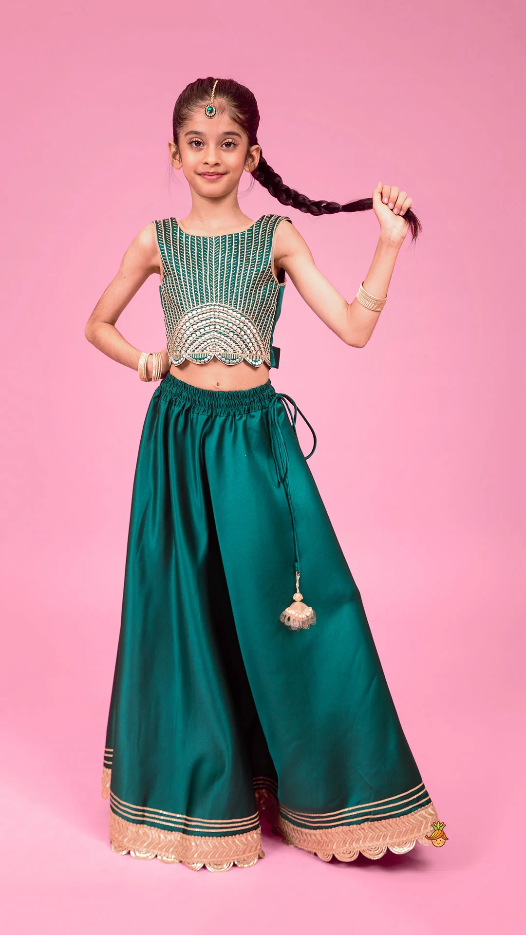 Stunning Scalloped Hem Green Top And Lehenga - Image 2