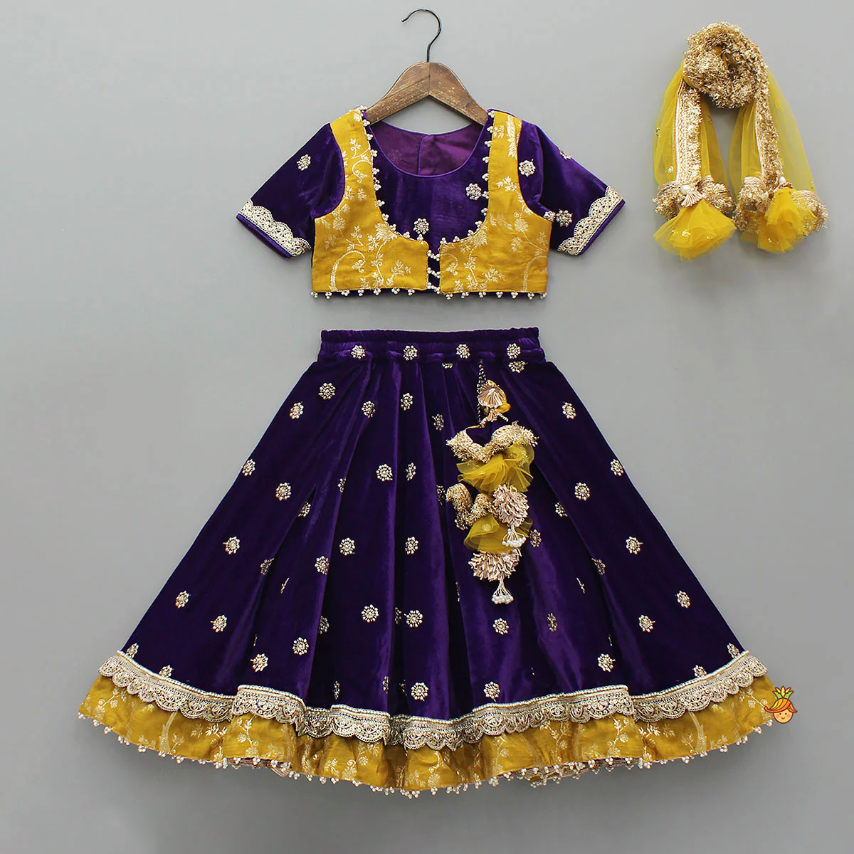 Stunning Velvet Jacket-Style Top With Embroidered Lehenga And Dupatta
